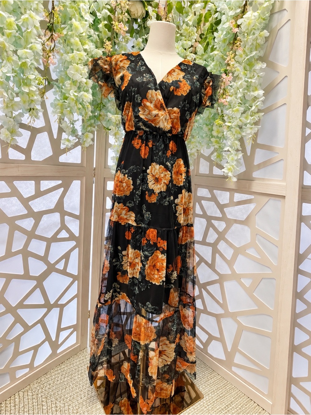 Floral Tiered Maxi Dress in Black with Orange Bloom